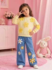 Emery Rose Kids 女童休閒純色針織秋季衛衣與寬腿運動褲套裝，冬季 - 黃色 - 查看 3