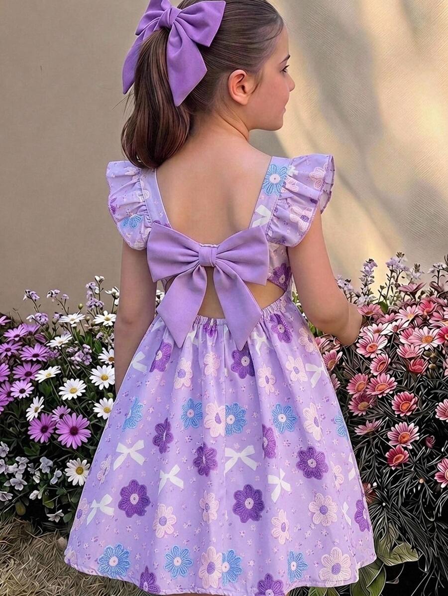 SHEIN Young Girl Young Girl Young Girl Young Girl Young Girl Woven Floral Bow Pattern Square Neck Ruffle Hem Casual Dress