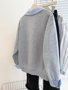 SHEIN 青少年女孩極簡風假領層次長袖衛衣，襯衫領設計，適合秋冬街頭風或休閒學院風穿搭 - 灰色 - 查看 2