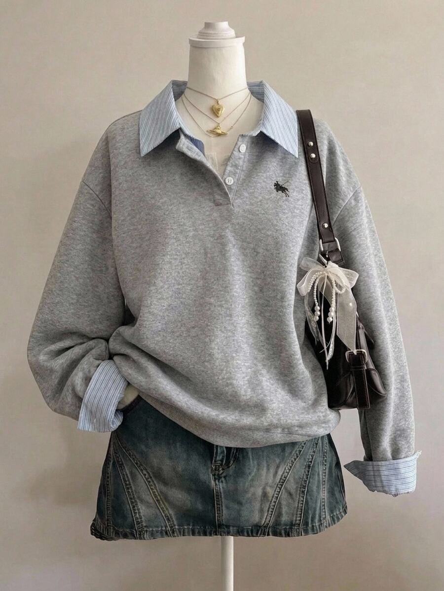 SHEIN 青少年女孩極簡風假領層次長袖衛衣,襯衫領設計,適合秋冬街頭風或休閒學院風穿搭 - 灰色 - 查看 1
