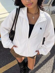Girlism 青少年女孩夾克，秋冬梭織白色寬鬆立領斜口袋短款休閒外套，百搭，返校穿搭，長袖，秋季穿搭 - 米色 - 查看 4