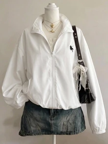 Girlism 青少年女孩夾克，秋冬梭織白色寬鬆立領斜口袋短款休閒外套，百搭，返校穿搭，長袖，秋季穿搭 - 米色 - 查看 1