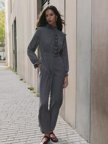 Nöista Blue Plaid Jumpsuit Fitted Elegant Unique Comfortable Fall/Winter Both Casual Work Attire. - Purple - View 4