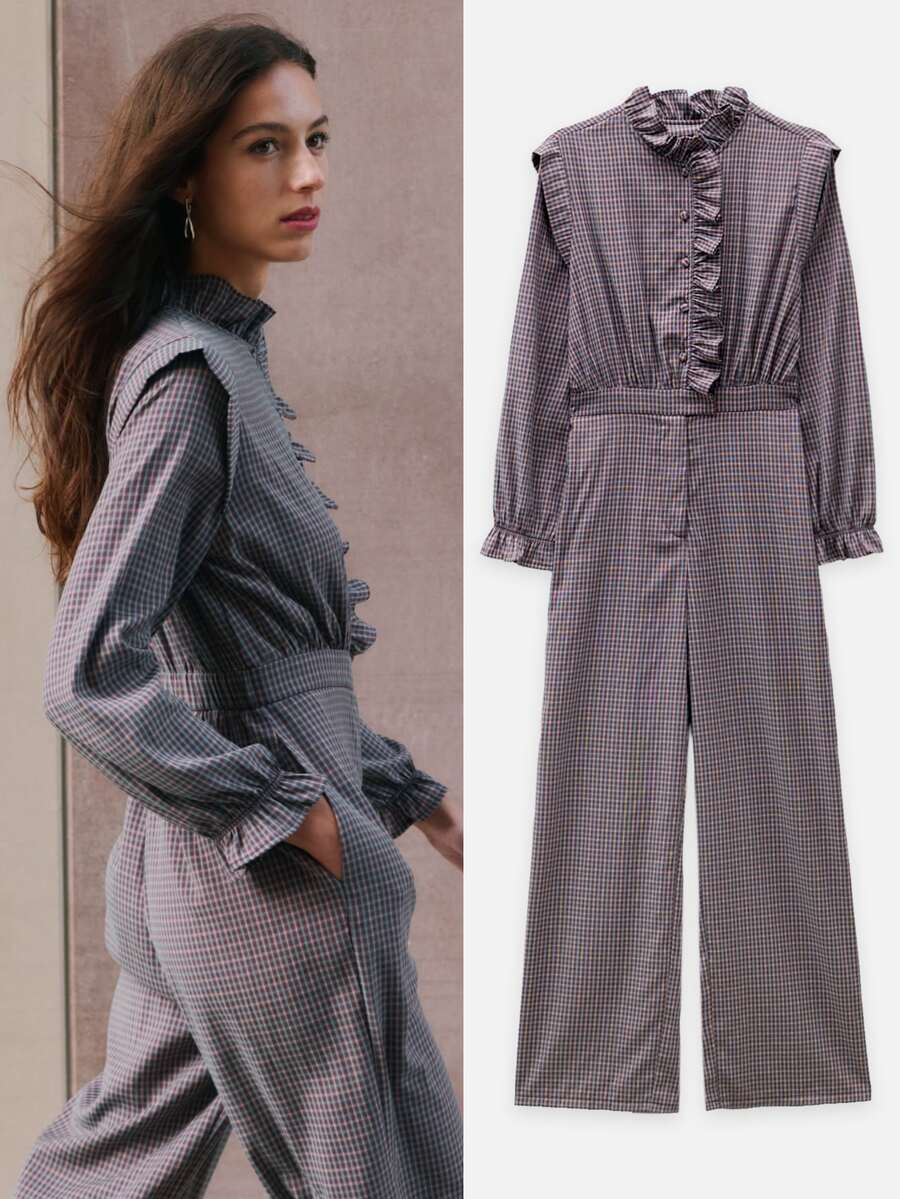 Nöista Blue Plaid Jumpsuit Fitted Elegant Unique Comfortable Fall/Winter Both Casual Work Attire. - Purple - View 1
