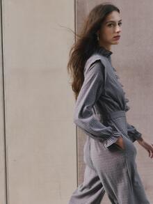 Nöista Blue Plaid Jumpsuit Fitted Elegant Unique Comfortable Fall/Winter Both Casual Work Attire. - Purple - View 13