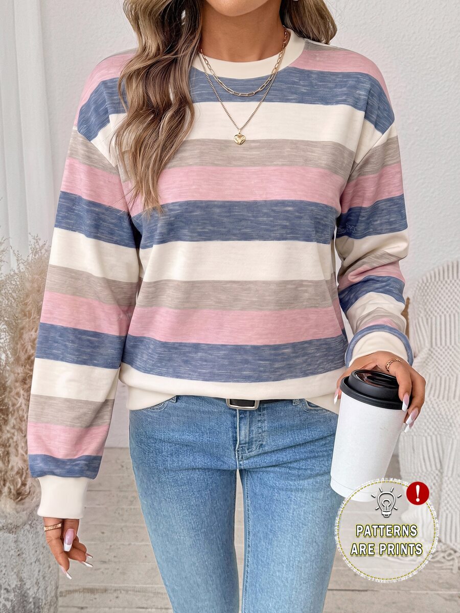 SHEIN LUNE 女款休閒優雅時尚衛衣,三色極簡條紋,經典百搭,適合多種場合,街頭穿搭,上班穿著 - 白色 - 查看 1