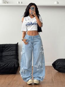 Coolane 女款饶舌歌手运动休闲垃圾摇滚星形图案水洗牛仔裤 - 淺藍色 - 查看 2
