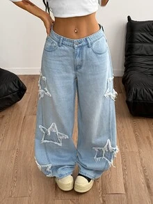 Coolane 女款饶舌歌手运动休闲垃圾摇滚星形图案水洗牛仔裤 - 淺藍色 - 查看 3
