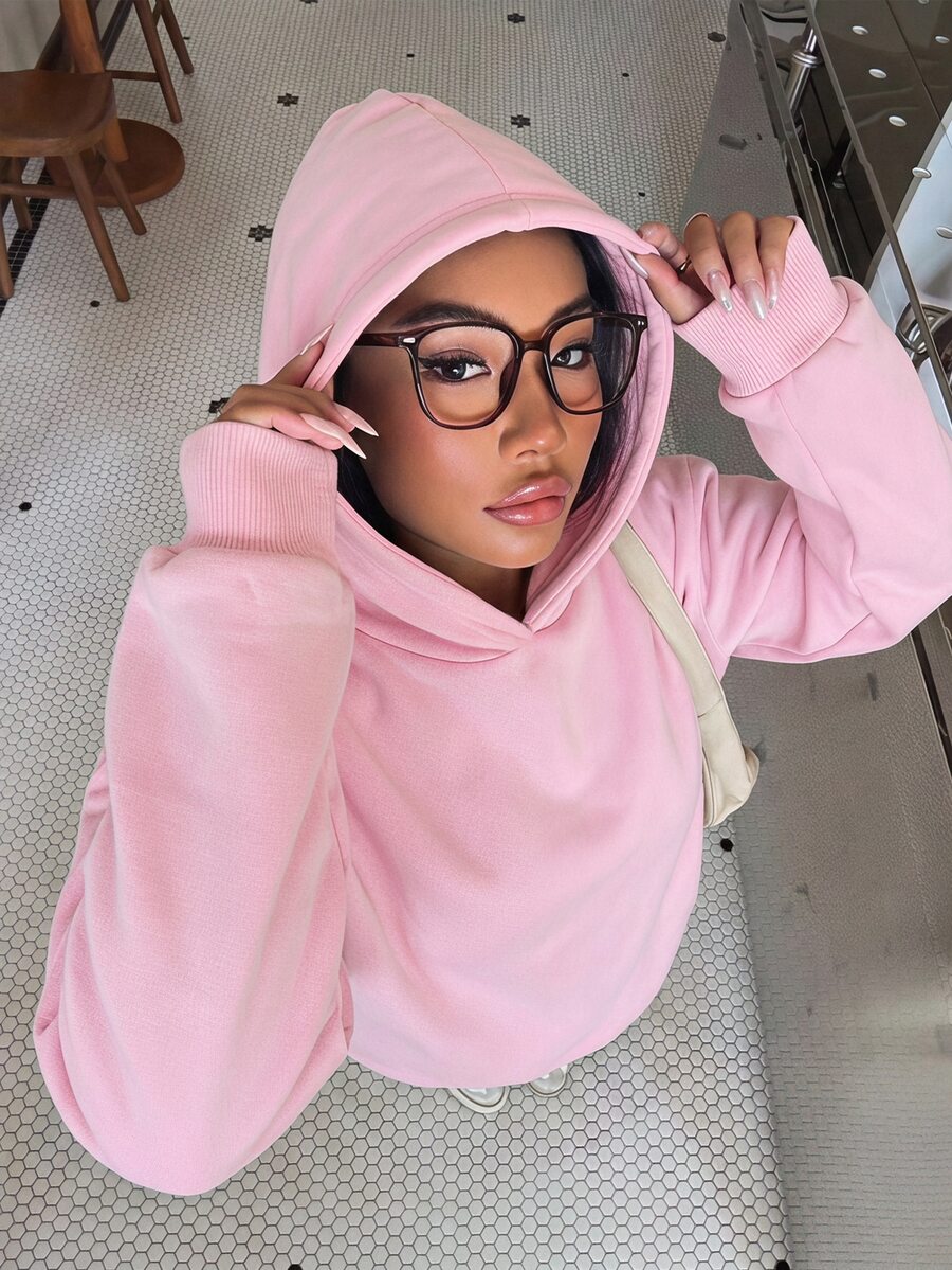 SHEIN Sparklyn 青少年女孩長袖抓絨秋季休閒街頭風時尚可愛粉色套頭連帽衛衣 秋季毛衣 假日派對禮物