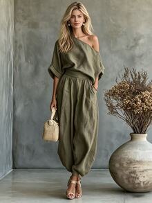 SHEIN 女款優雅不對稱單肩極簡上衣與寬鬆口袋錐形長褲兩件套，休閒鄉村風 - 橄欖綠 - 查看 2