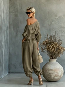 SHEIN 女款優雅不對稱單肩極簡上衣與寬鬆口袋錐形長褲兩件套，休閒鄉村風 - 橄欖綠 - 查看 4