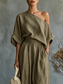 SHEIN 女款優雅不對稱單肩極簡上衣與寬鬆口袋錐形長褲兩件套，休閒鄉村風 - 橄欖綠 - 查看 6