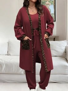 Vionelle 大码女式法式休闲优雅豹纹拼接两件套，秋冬款 - 酒紅色 - 查看 6