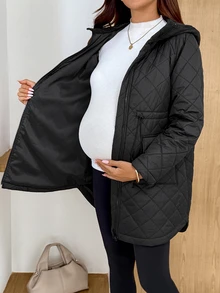 SHEIN Maternity Winter Casual Versatile Drawstring Waist Hooded Jacket - Black - View 7
