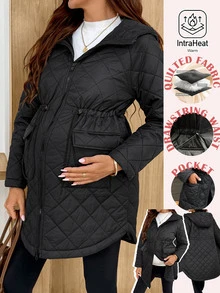 SHEIN Maternity Winter Casual Versatile Drawstring Waist Hooded Jacket - Black - View 1