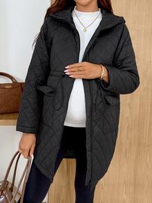 SHEIN Maternity Winter Casual Versatile Drawstring Waist Hooded Jacket - Black - View 5