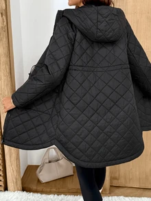 SHEIN Maternity Winter Casual Versatile Drawstring Waist Hooded Jacket - Black - View 2