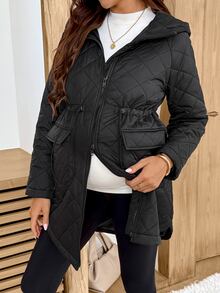 SHEIN Maternity Winter Casual Versatile Drawstring Waist Hooded Jacket - Black - View 3