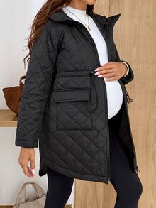 SHEIN Maternity Winter Casual Versatile Drawstring Waist Hooded Jacket - Black - View 6
