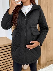SHEIN Maternity Winter Casual Versatile Drawstring Waist Hooded Jacket - Black - View 4
