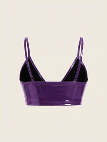 Coolane Women's Summer Streetwear Casual Sexy Letter Patch Comfortable PU Leather Spaghetti Strap Camisole Rave Club Purple Bikini Tops Sports Bra - Purple - View 2