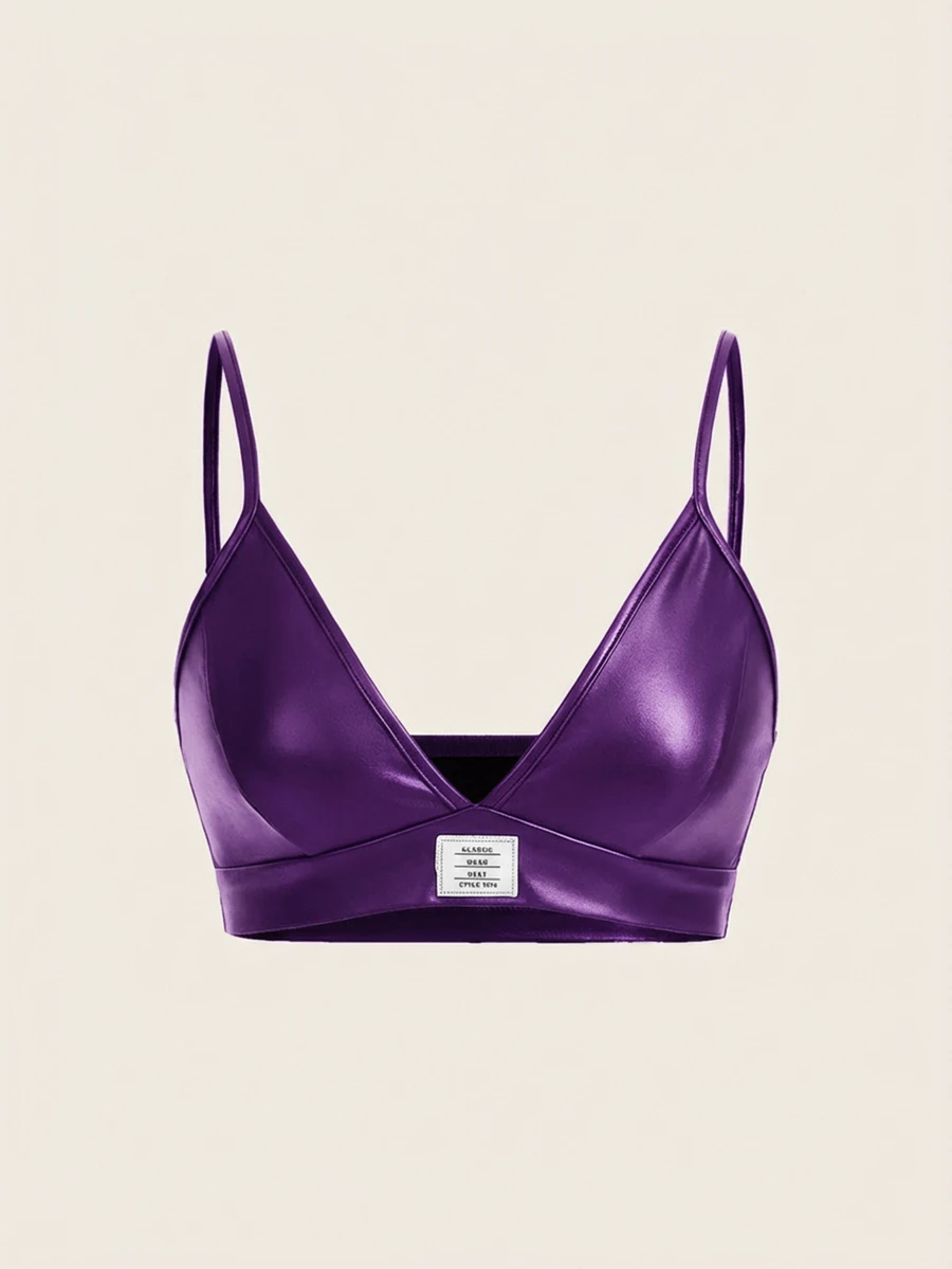 Coolane Women's Summer Streetwear Casual Sexy Letter Patch Comfortable PU Leather Spaghetti Strap Camisole Rave Club Purple Bikini Tops Sports Bra - Purple - View 1