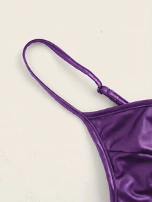 Coolane Women's Summer Streetwear Casual Sexy Letter Patch Comfortable PU Leather Spaghetti Strap Camisole Rave Club Purple Bikini Tops Sports Bra - Purple - View 4