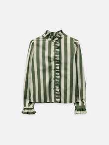 Nöista Green Striped Ruffled Shirt, Rufflesromantic,Casual,Elegant,Practical Versatile Wardrobe Staple For Everyday Commuting.Fall Winter,Cute. - Army Green - View 9