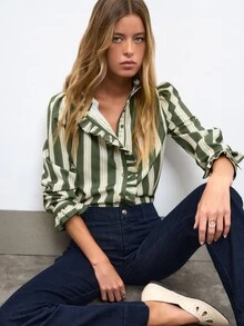 Nöista Green Striped Ruffled Shirt, Rufflesromantic,Casual,Elegant,Practical Versatile Wardrobe Staple For Everyday Commuting.Fall Winter,Cute. - Army Green - View 1