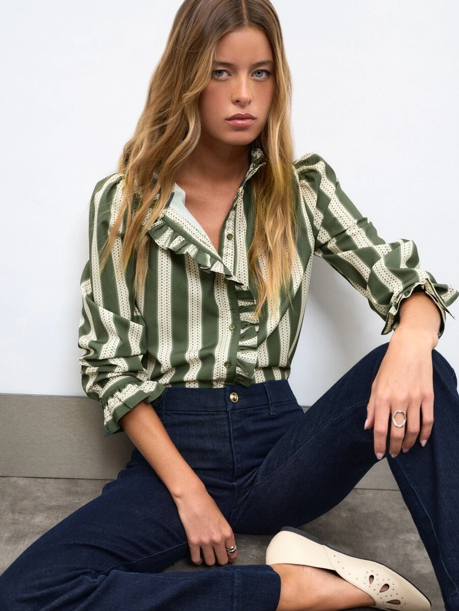Nöista Green Striped Ruffled Shirt, Rufflesromantic,Casual,Elegant,Practical Versatile Wardrobe Staple For Everyday Commuting.Fall Winter,Cute. - Army Green - View 1