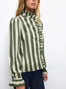 Nöista Green Striped Ruffled Shirt, Rufflesromantic,Casual,Elegant,Practical Versatile Wardrobe Staple For Everyday Commuting.Fall Winter,Cute. - Army Green - View 2