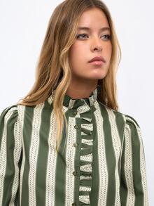 Nöista Green Striped Ruffled Shirt, Rufflesromantic,Casual,Elegant,Practical Versatile Wardrobe Staple For Everyday Commuting.Fall Winter,Cute. - Army Green - View 8