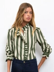 Nöista Green Striped Ruffled Shirt, Rufflesromantic,Casual,Elegant,Practical Versatile Wardrobe Staple For Everyday Commuting.Fall Winter,Cute. - Army Green - View 4