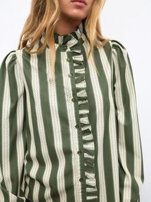 Nöista Green Striped Ruffled Shirt, Rufflesromantic,Casual,Elegant,Practical Versatile Wardrobe Staple For Everyday Commuting.Fall Winter,Cute. - Army Green - View 3