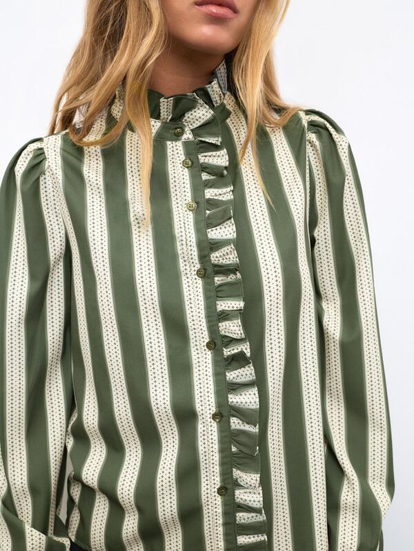 Nöista Green Striped Ruffled Shirt Rufflesromantic Casual Elegant Practical Versatile Wardrobe Staple For Everyday Commuting Fall Winter Cute