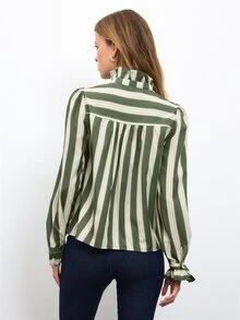 Nöista Green Striped Ruffled Shirt, Rufflesromantic,Casual,Elegant,Practical Versatile Wardrobe Staple For Everyday Commuting.Fall Winter,Cute. - Army Green - View 5
