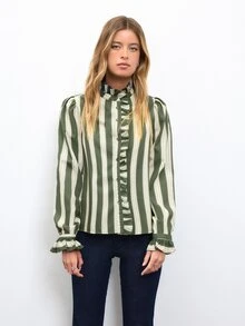 Nöista Green Striped Ruffled Shirt, Rufflesromantic,Casual,Elegant,Practical Versatile Wardrobe Staple For Everyday Commuting.Fall Winter,Cute. - Army Green - View 7