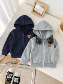 SHEIN 2件組 嬰兒男孩女孩秋冬款可愛百搭簡約純色連帽外套 灰色連帽衫黑色連帽衫 適合秋冬 - 藏蓝色 - 查看 6
