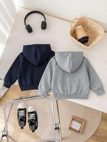 SHEIN 2件組 嬰兒男孩女孩秋冬款可愛百搭簡約純色連帽外套 灰色連帽衫黑色連帽衫 適合秋冬 - 藏蓝色 - 查看 3