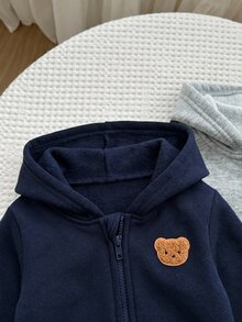 SHEIN 2件組 嬰兒男孩女孩秋冬款可愛百搭簡約純色連帽外套 灰色連帽衫黑色連帽衫 適合秋冬 - 藏蓝色 - 查看 5