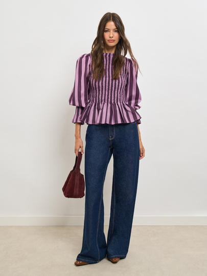 Nöista Purple Striped Elasticated Pleated Top French Elegance Fitted Ruffles Comfortable Perfect Everyday Wardrobe Elegant Vintage-Chic Woman Fall Winter