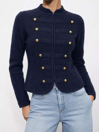 Briarwyn Autumn/Winter Chic Vintage Button Knit Top,Elegant Women's Navy Military Style Knit Top With Gold Buttons And Stand Collar Office Night Going Out