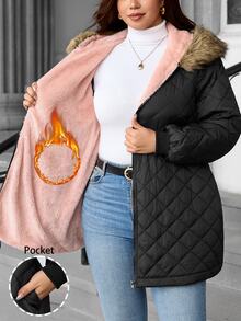 SHEIN Clasi 大尺碼女款棉質加厚外套，冬季優雅保暖內裡連帽外套，附口袋，長袖 - 黑色 - 查看 3
