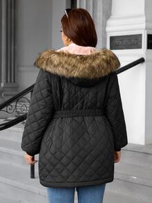 SHEIN Clasi 大尺碼女款棉質加厚外套，冬季優雅保暖內裡連帽外套，附口袋，長袖 - 黑色 - 查看 2