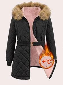 SHEIN Clasi 大尺碼女款棉質加厚外套，冬季優雅保暖內裡連帽外套，附口袋，長袖 - 黑色 - 查看 5