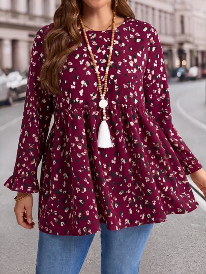 EMERY ROSE Plus Size Women Allover Print Round Neck Bell Sleeve Loose Babydoll Shirt Autumn Clothes Burgundy Casual Soft Form Boho Vacation Formal Traditional