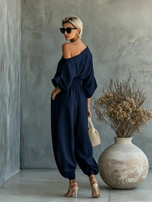 SHEIN Women's Solid Color Asymmetrical Shoulder Top And Long Pants Casual Daily Set - Navy Blue - View 7