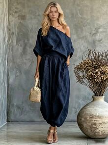 SHEIN Women's Solid Color Asymmetrical Shoulder Top And Long Pants Casual Daily Set - Navy Blue - View 3