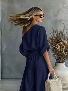 SHEIN Women's Solid Color Asymmetrical Shoulder Top And Long Pants Casual Daily Set - Navy Blue - View 4