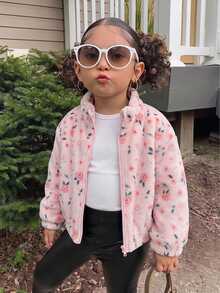 Young Girl Casual Daily Kids Bow Plush Printed Winter Jacket - Pink - View 1